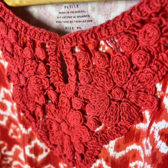 Charter Club Top Womens Size P/L Red & White Geometric Embroidered Chest Cotton - Picture 13 of 16